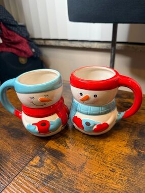 Bay Island Snowman Mugs, hand-painted holiday design set of 2
